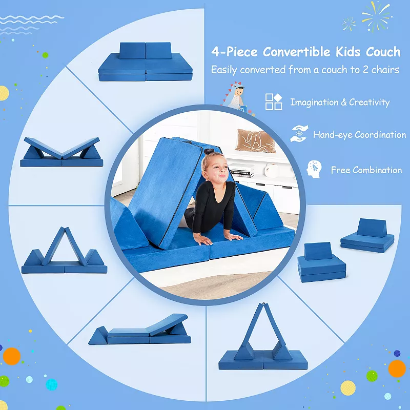 4 Pieces Convertible Kids Couch Set with 2 Folding Mats