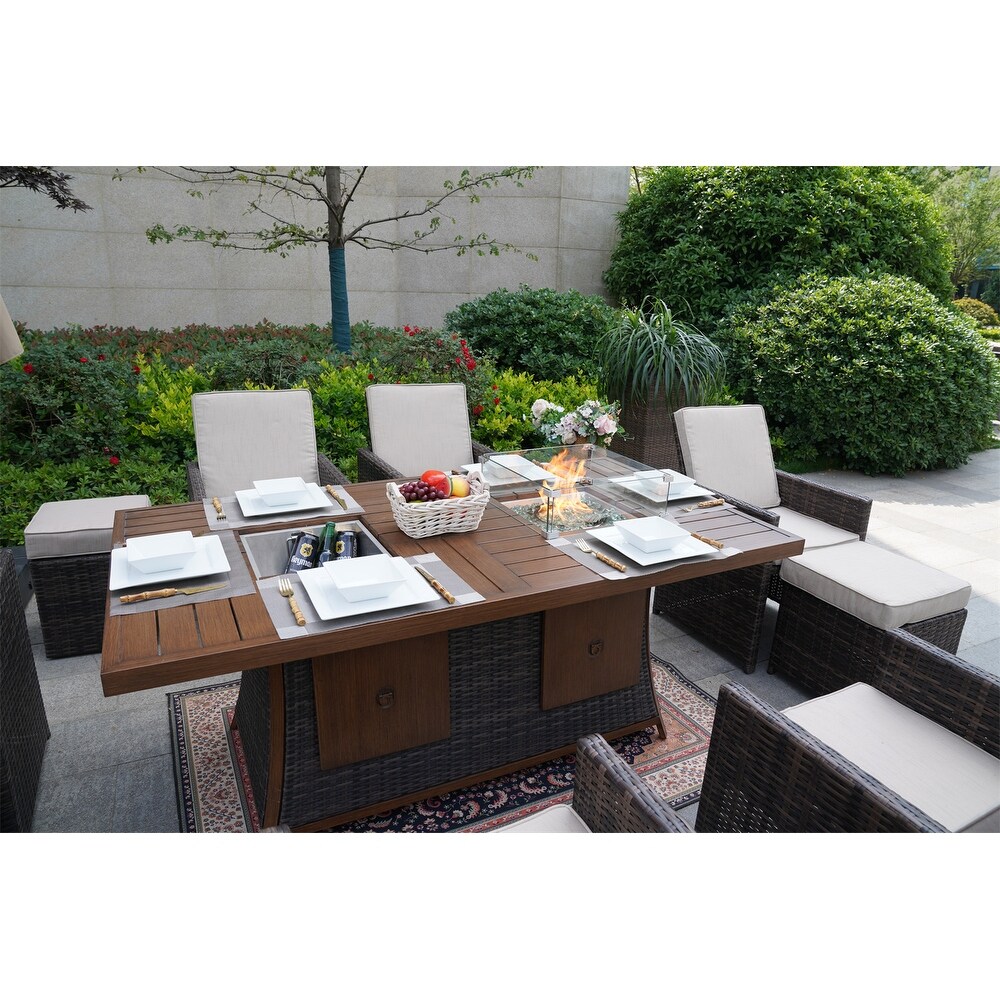 Brown Garden Patio Rectangular Dining Set With Gas Firepit And Ice Bucket and Ottomans