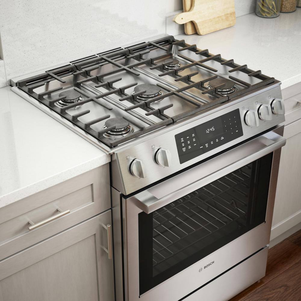 Bosch Benchmark Benchmark Series 30 in. 4.8 cu. ft. Slide-In Gas Range with Self-Cleaning Convection Oven in Stainless Steel HGIP056UC