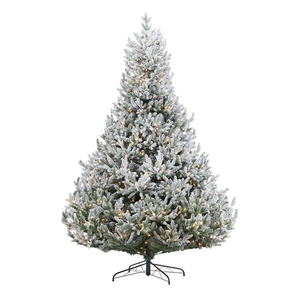 Royal Oaks Flocked Fir Tree 7.5ft，PreLit 690 Warm White LED Lights，1816 PE/PVC Tips