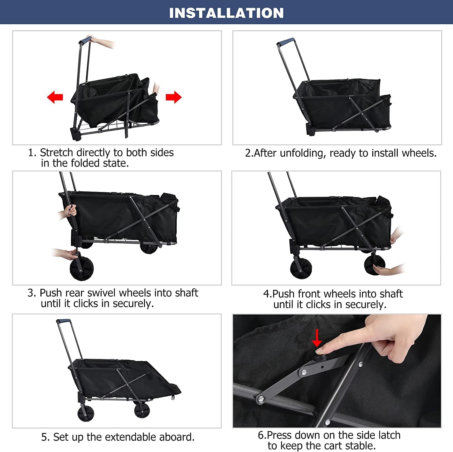 REDCAMP Folding Wagon Cart with Extendable Rear End Heavy Duty 134L Large Collapsible Utility Wagon Garden Cart with Wheels for Camping Beach Sports Shopping Black