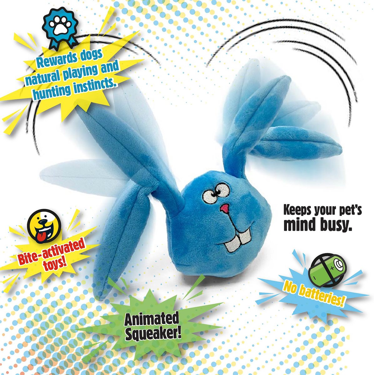 goDog Action Plush  Blue Bunny Animated Squeaker Dog Toy， Blue， Medium