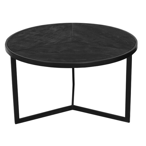 28， 20 Inch Round Nesting Coffee Table Set Of 2， Handcrafted Mango Wood Charcoal Gray Top， Black Iron Base