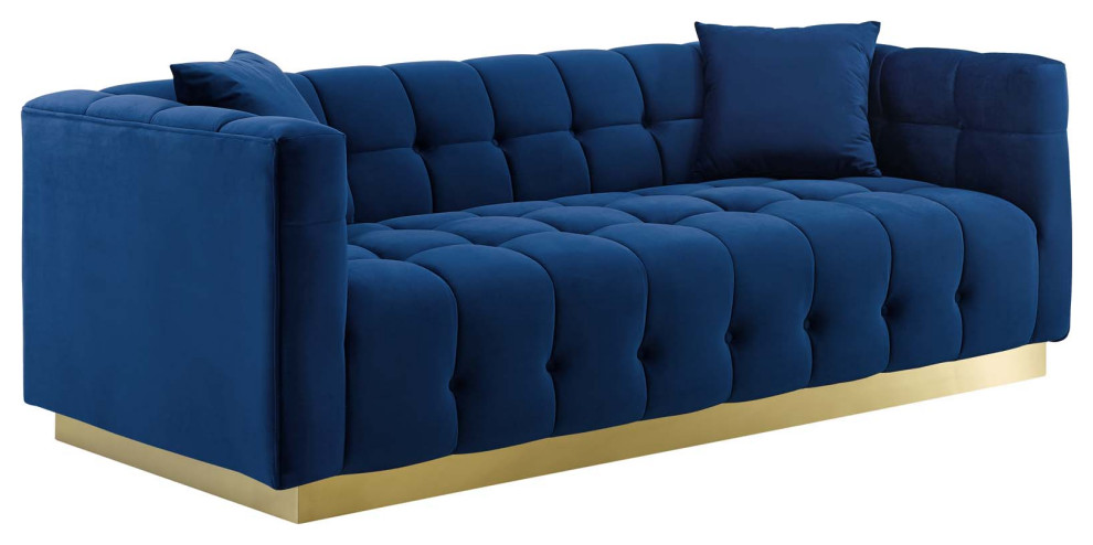 Modway Vivacious Biscuit Tufted Stainless Steel and Velvet Sofa in Navy   Contemporary   Sofas   by Homesquare  Houzz