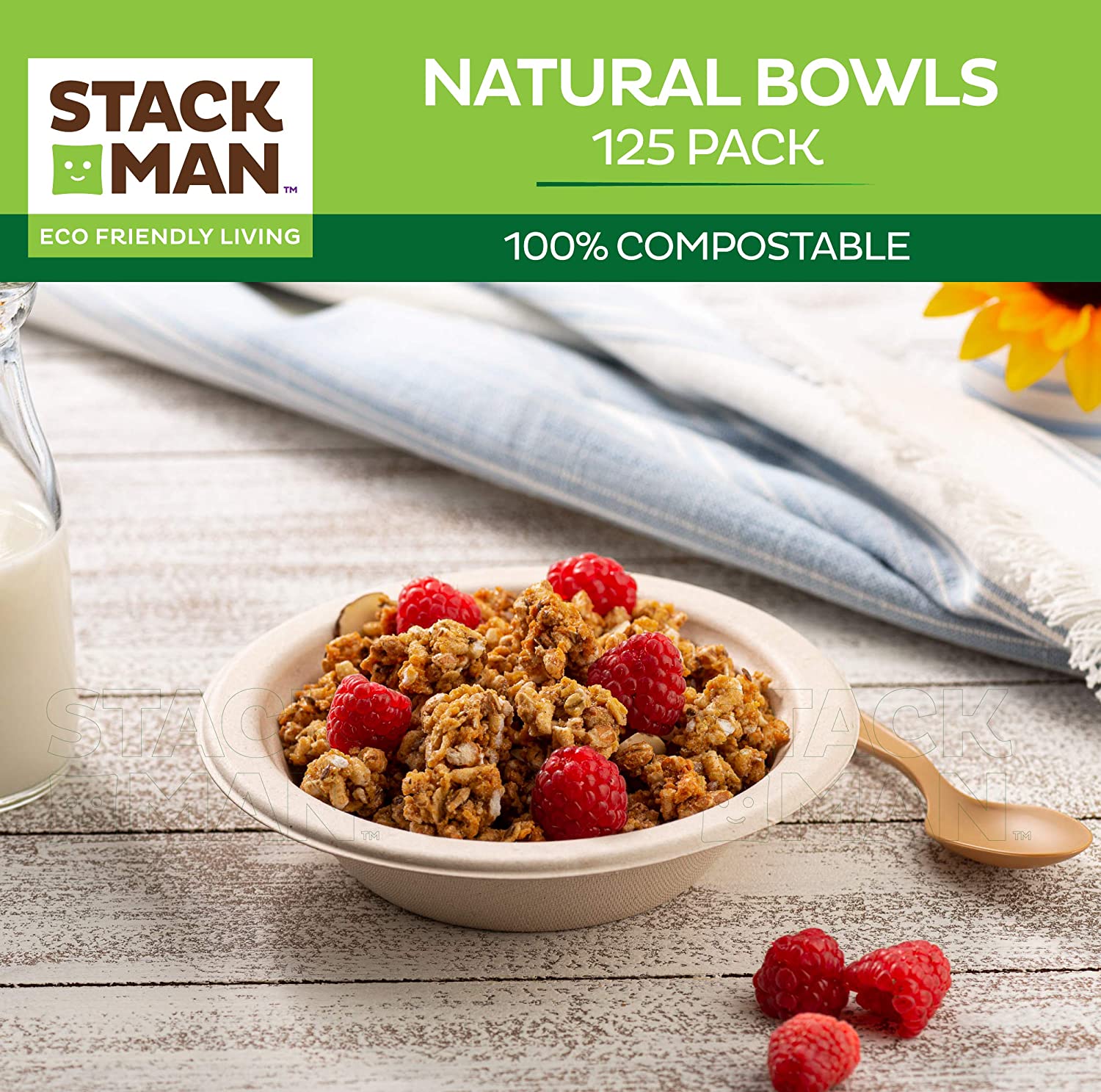 Stack Man 100% Compostable 12 oz. Paper Bowls [125-Pack] Heavy-Duty Quality Natural Disposable Bagasse