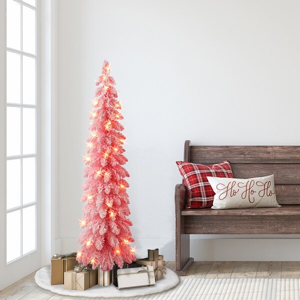 Puleo International 4 ft. Prelit Pink Flocked Alpine Pencil Tree