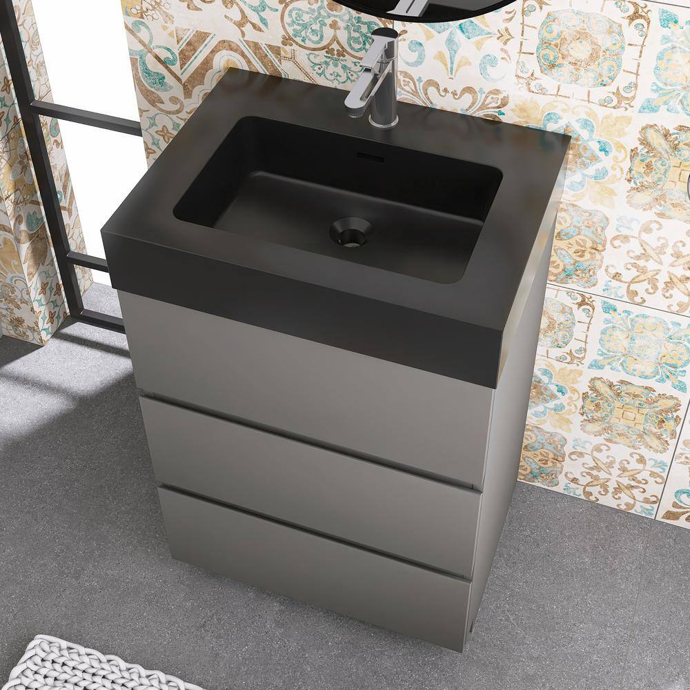 JimsMaison 24 in. W x 18 in. D x 37 in. H Freestanding Bath Vanity in Grey with Black Solid Surface Top Alice-F24GRB