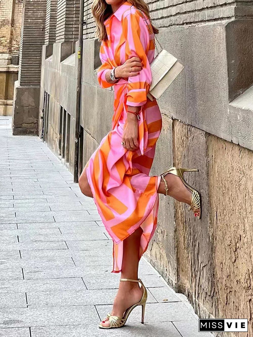 High Waisted Long Sleeves Asymmetric Knot Printed Striped Lapel Maxi Dresses