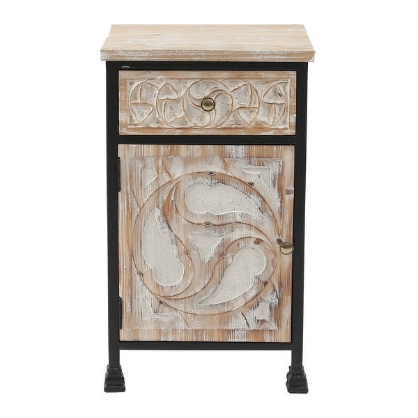 Black Metal Frame and Carved Wood 1-Door 1-Drawer End Table with Storage - 25.875