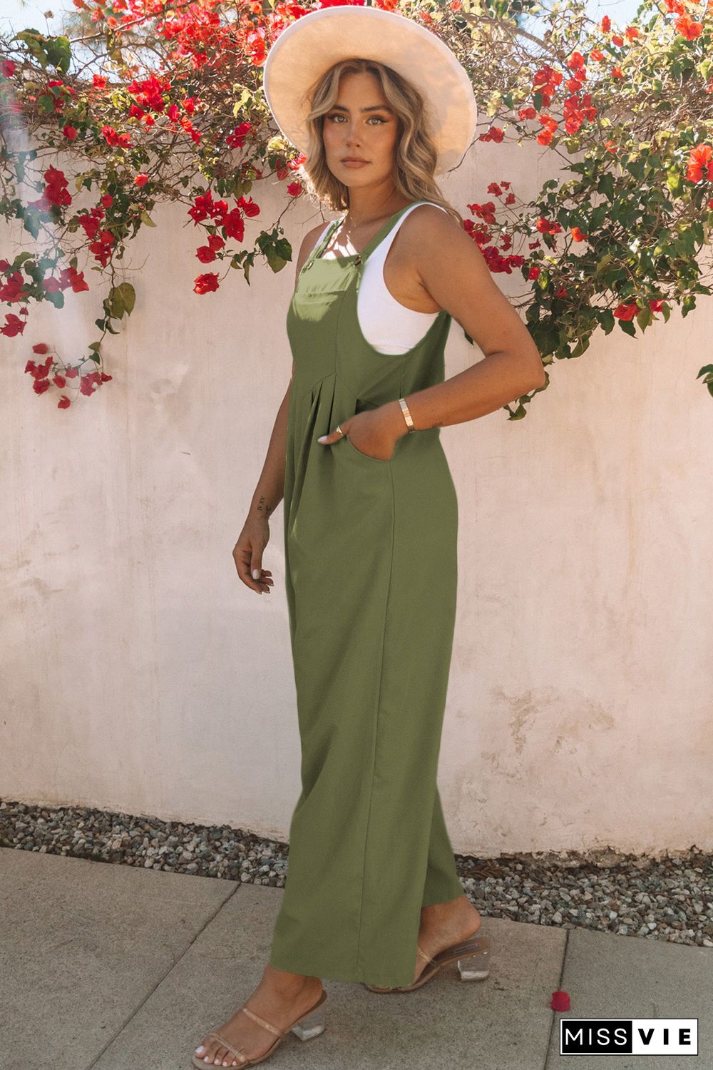 Green Sleeveless Pleated Wide Leg Jumpsuit