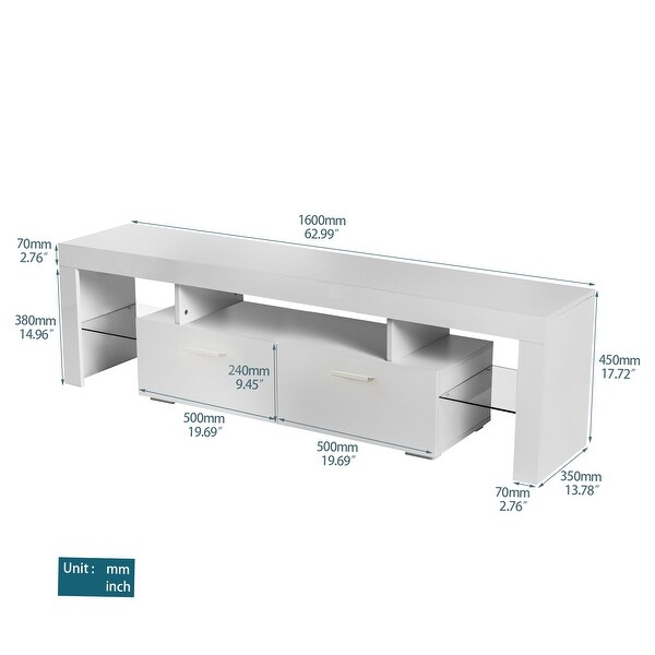 63 inch RGB LED Light High Glossy TV Stand Cabinet with 2 Center Down Open Tie-Rod Big Storage Drawer and 2 Side Glass Shelf