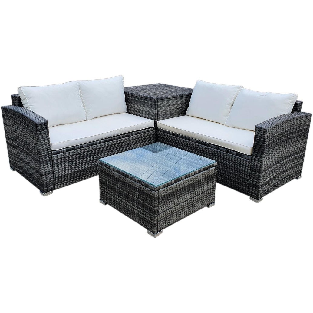 4 Piece Outdoor Sectional Sofa Set， Rattan Patio Set with Large Storage Box/ End Table and Glass table - Overstock - 35086846