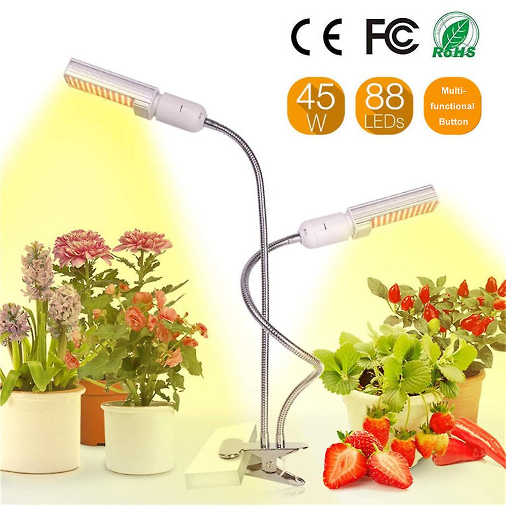 Led Grow Light For Indoor Plant Sun-like Full Spectrum Plant Grow Led Bulb E26/27 45w Timer Function Dual-head Gooseneck Strong Clip Replaceable Bulbs