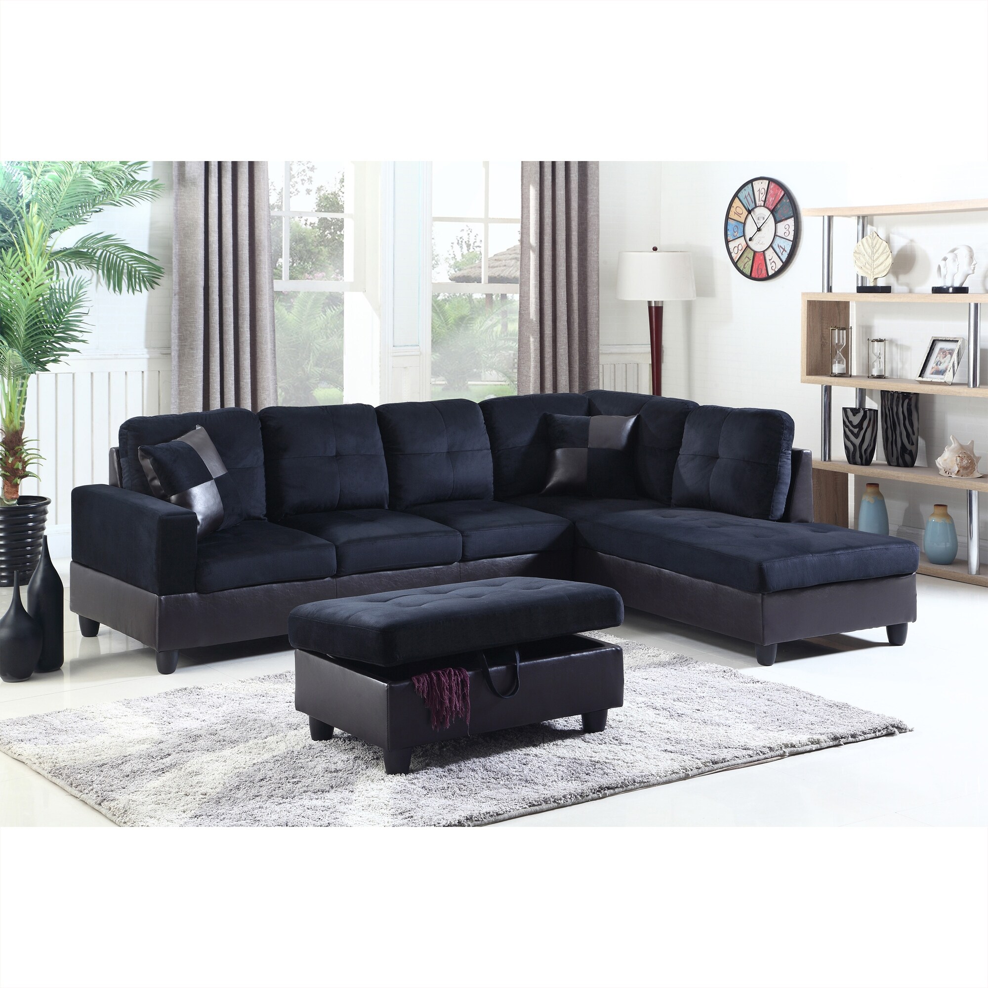 3-Pieces Sectional Sofa Set，Right Facing，Midnight Blue Microfiber(112B)