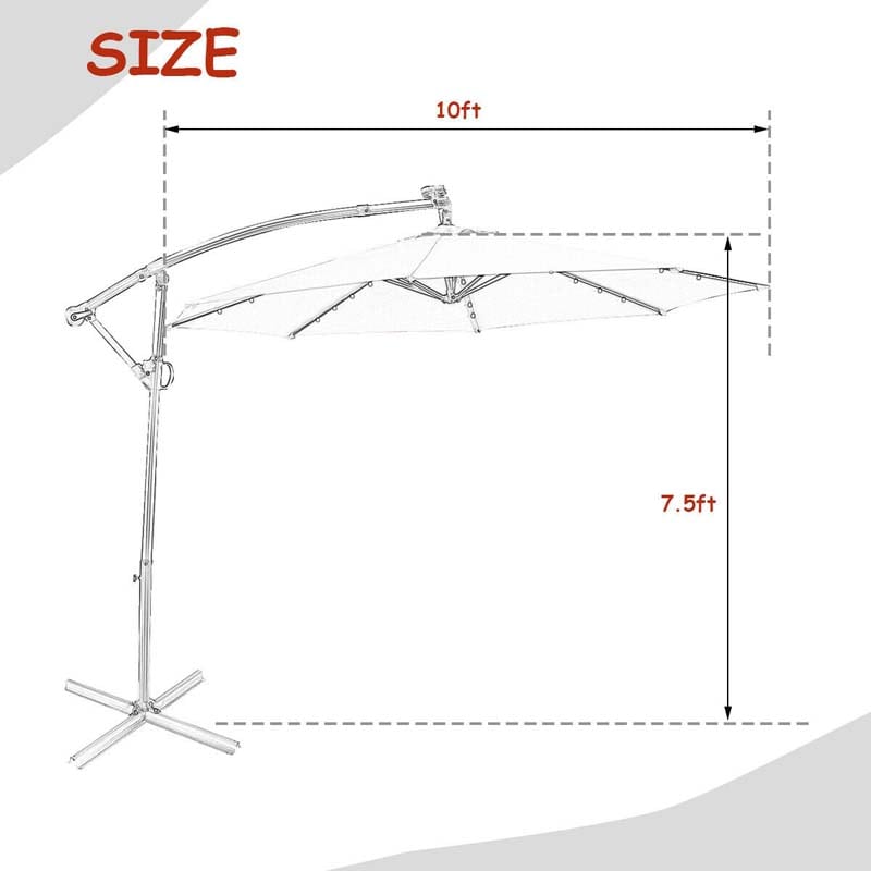 10 FT Patio Offset Umbrella with Solar Lights 360° Rotation Outdoor Market Umbrella with Crank Handle & Cross Base