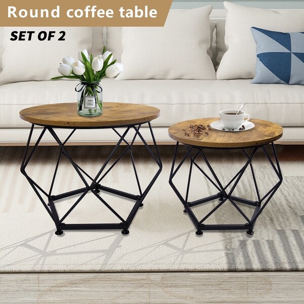 Brown Round Steel Outdoor Coffee Table Set of 2 with Wood Top