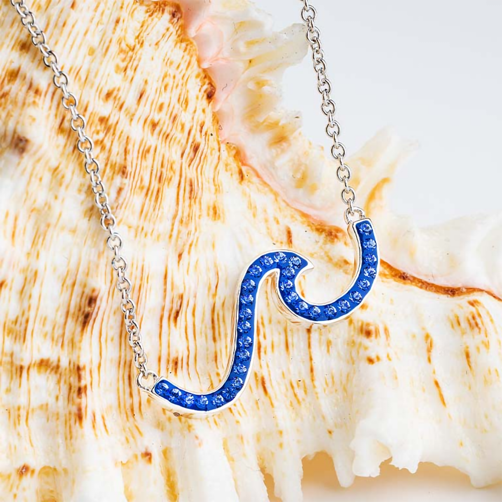 Ocean  Sterling Silver Wave Necklace With Sapphire Blue Crystals