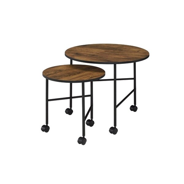 2 Piece Round Nesting End Table with Casters， Oak Brown and Black - 20 H x 23 W x 23 L Inches