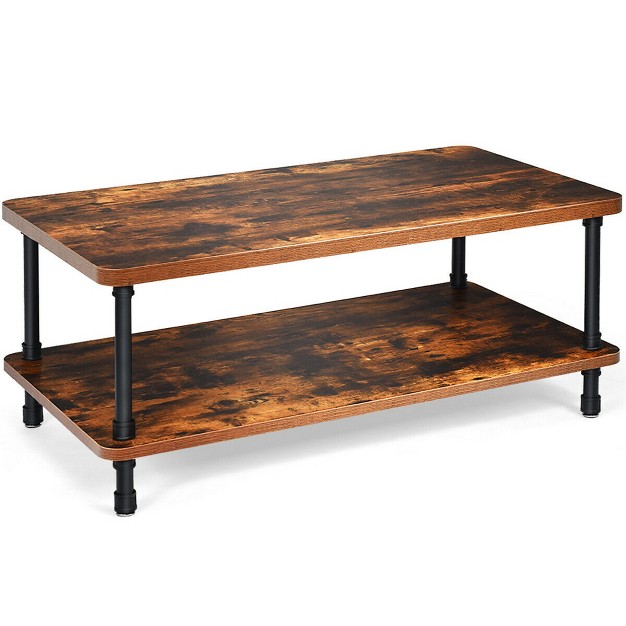 Costway Industrial Coffee Table Rustic Accent Table Storage Shelf Living Room Furniture