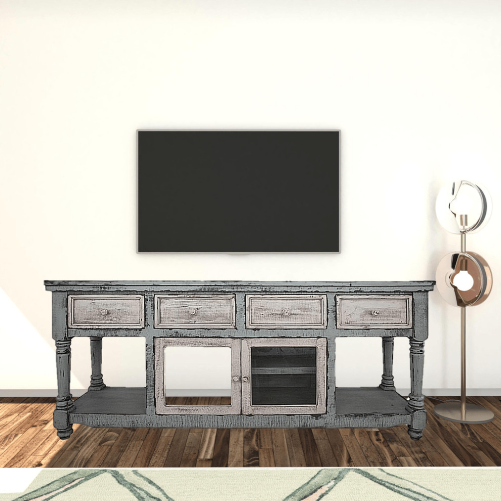 70 quotBlue and White Solid Wood Open shelving Distressed TV Stand   Entertainment Centers And Tv Stands   by HomeRoots  Houzz