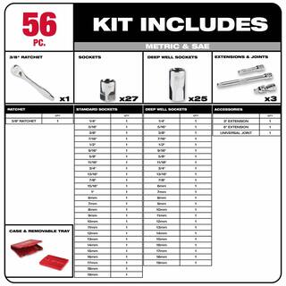 MW 38 in. Drive SAEMetric Ratchet and Socket Mechanics Tool Set with 38 in. Drive 5 in. Stubby Ratchet (57-Piece) 48-22-9008-48-22-9036