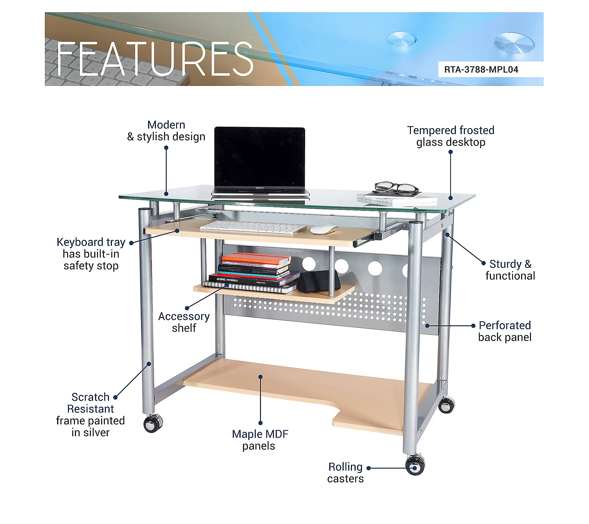 Techni Mobili Rolling Computer Desk W Glass Top Steel Frame