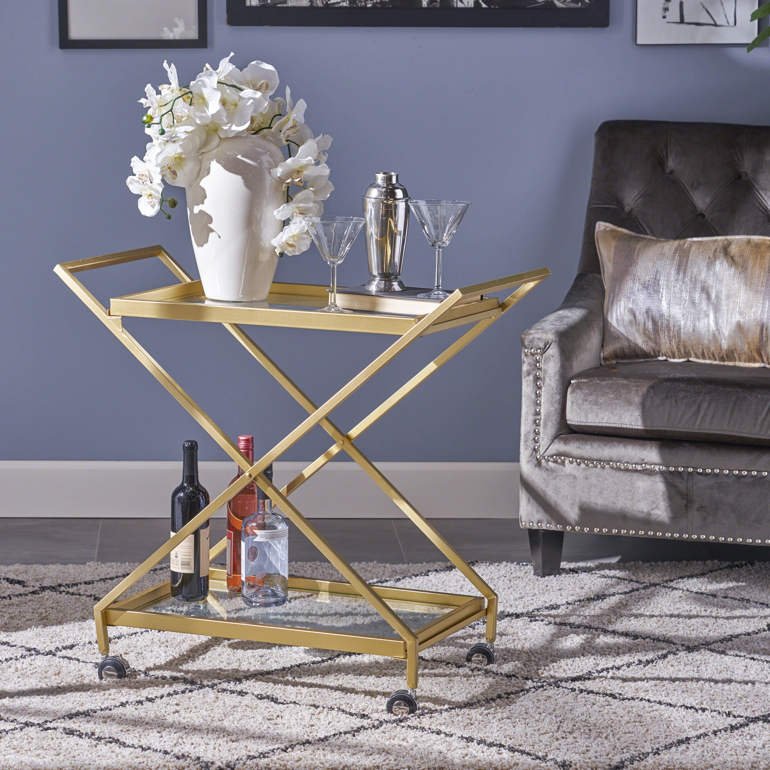 Easter Indoor Industrial Iron and Glass Bar Cart, Gold