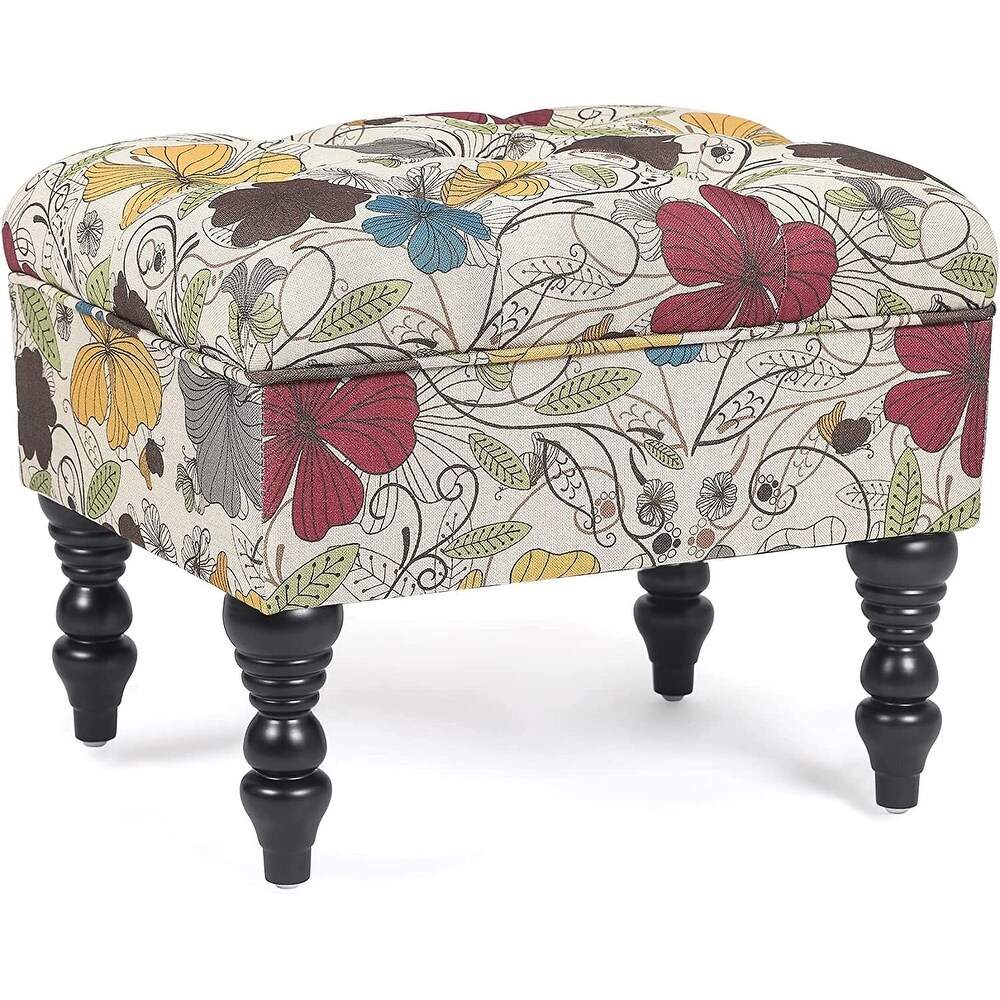 Adeco Ottoman Stool Tufted Foot Rest Fabric Floral Vanity Stool