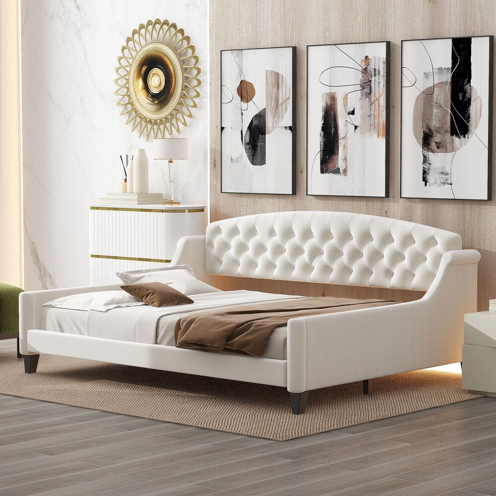 Modern Full Size Luxury Tufted Button Daybed  Comfy Upholstered Platform Bed Frame w/ Solid Wood Slats Support Easy Assembly