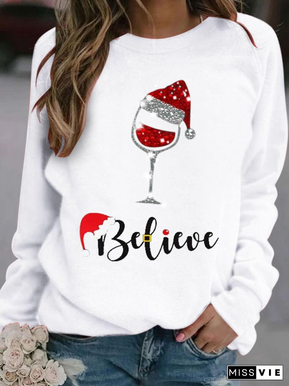 Christmas wine glass print T-shirt