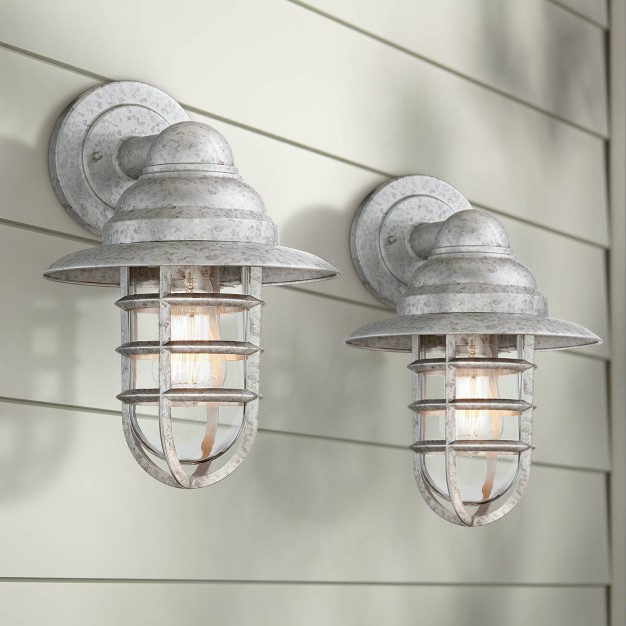 High Farmhouse Rustic Hooded Cage Outdoor Wall Light Fixture Mount Porch House Set Of 2 Galvanized Clear Glass Shade