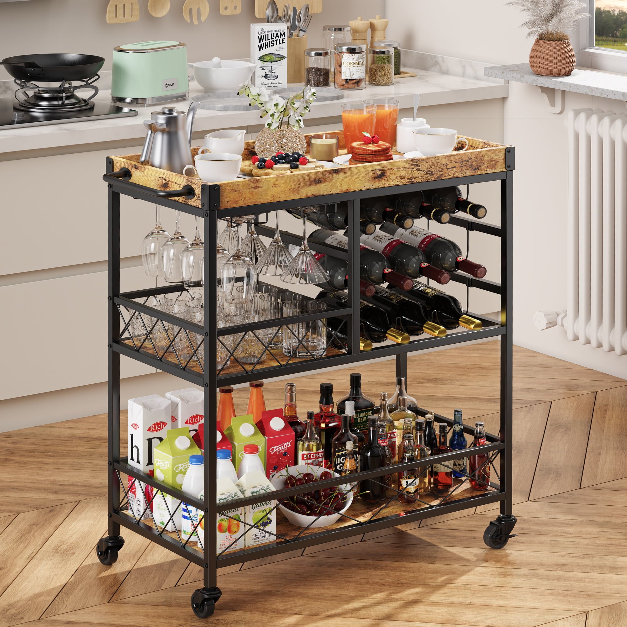 Lofka Bar Cart， 38 Kitchen Serving Cart with Large Storage， Rusic Brown and Black