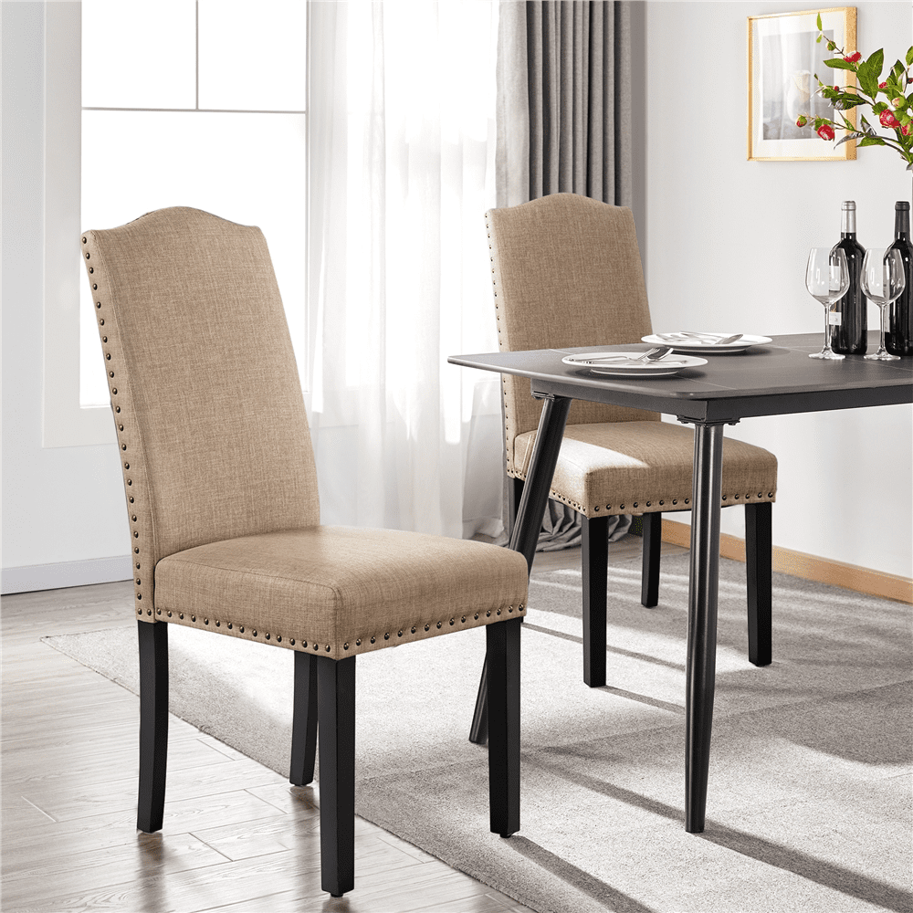 Easyfashion Set of 2 Classic Upholstered Dining Chair， Khaki