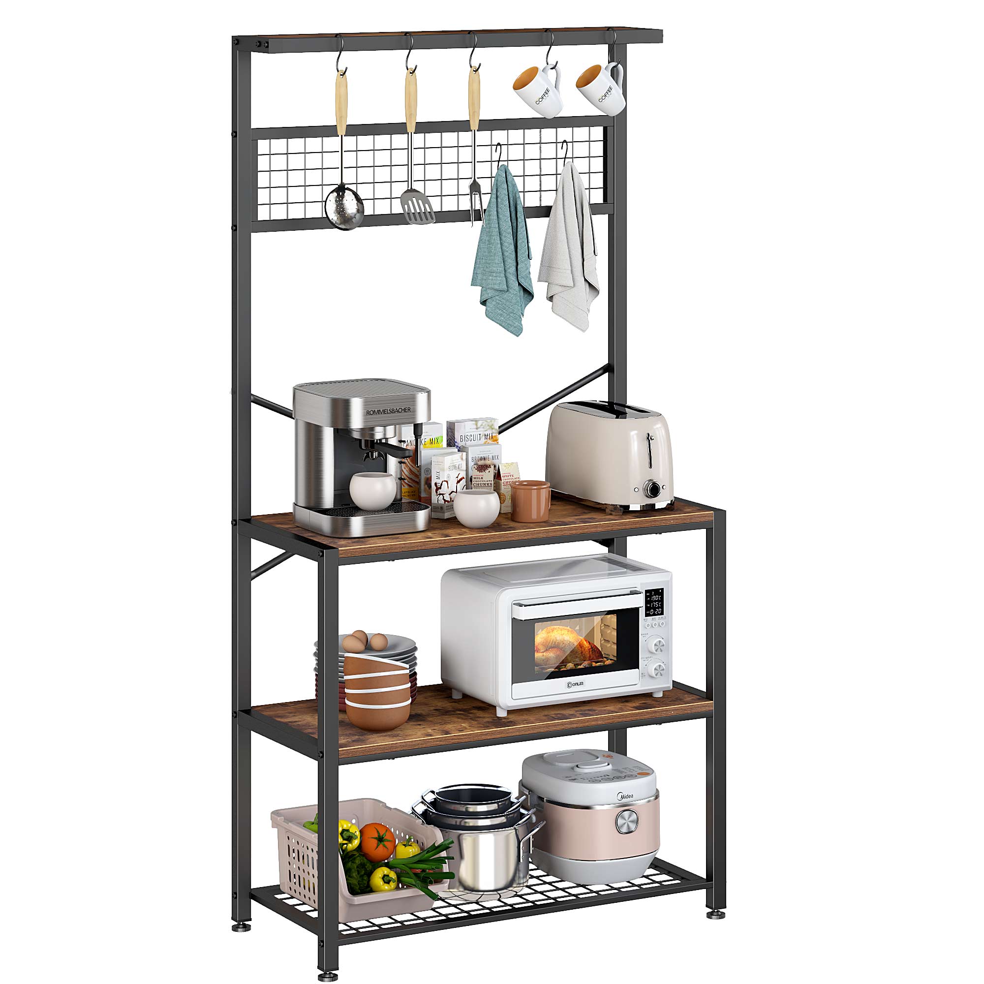 Wellynap 4-Tier Kitchen Baker's Rack， Tall Kitchen Rack with Hooks and Oven Placement， Ultimate Tall Rack Stand for Your Microwave and Coffee Hutch， Free Standing Kitchen Shelf， Vintage Brown