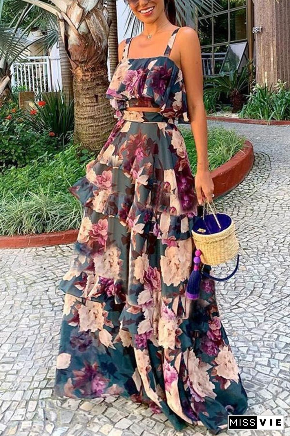 Elegant Floral Print Princess Cake Dress Suit