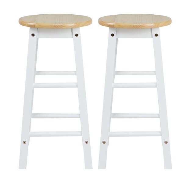 24 Inch， Rubber Wood Counter Height Round Top Backless Bar Stool， Set of 2， Brown and White