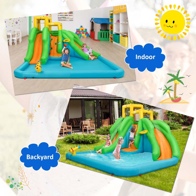 6-in-1 Kids Inflatable Bounce House Dual Slides Water Park with Climbing Wall, Splash Pool, Water Cannon, Air Blower