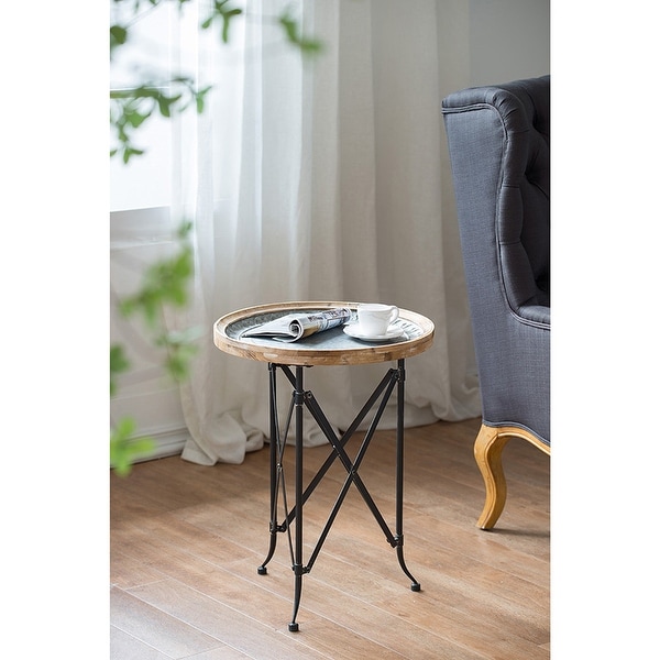 Natural and Black 24-inch Classic Vintage Wood and Metal Round Side Table