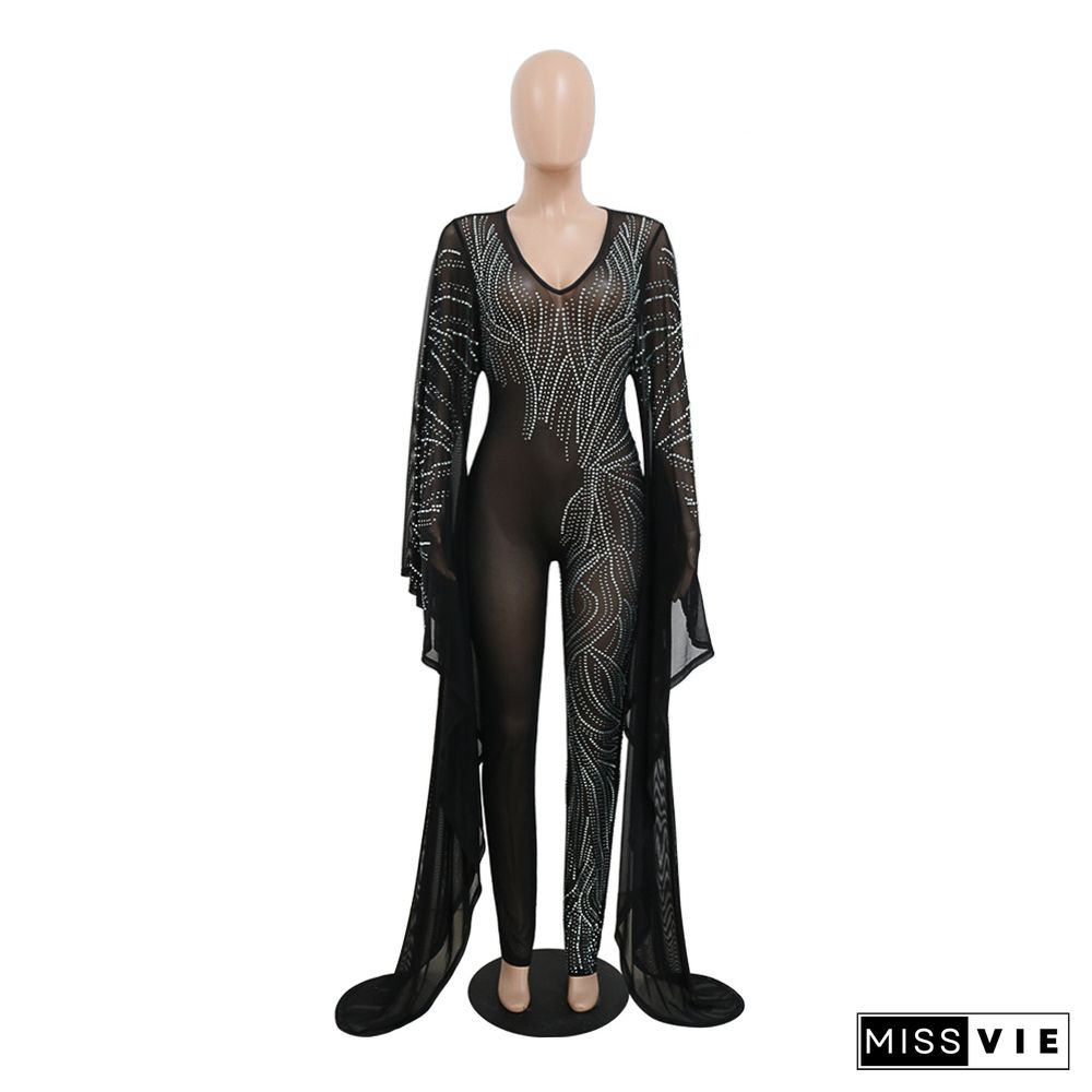 Sheer Mesh Hot Drilling Night Club Party Jumpsuit