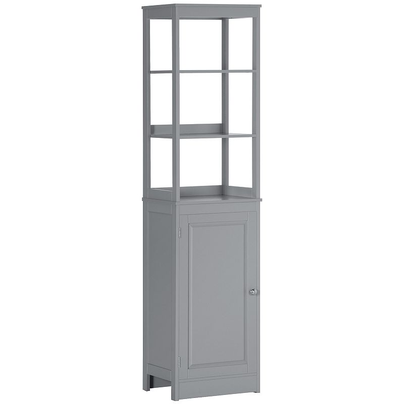 kleankin Tall Bathroom Storage Cabinet Freestanding Linen Tower with 3 Tier Open Shelf and Cupboard Slim Floor Organizer Grey