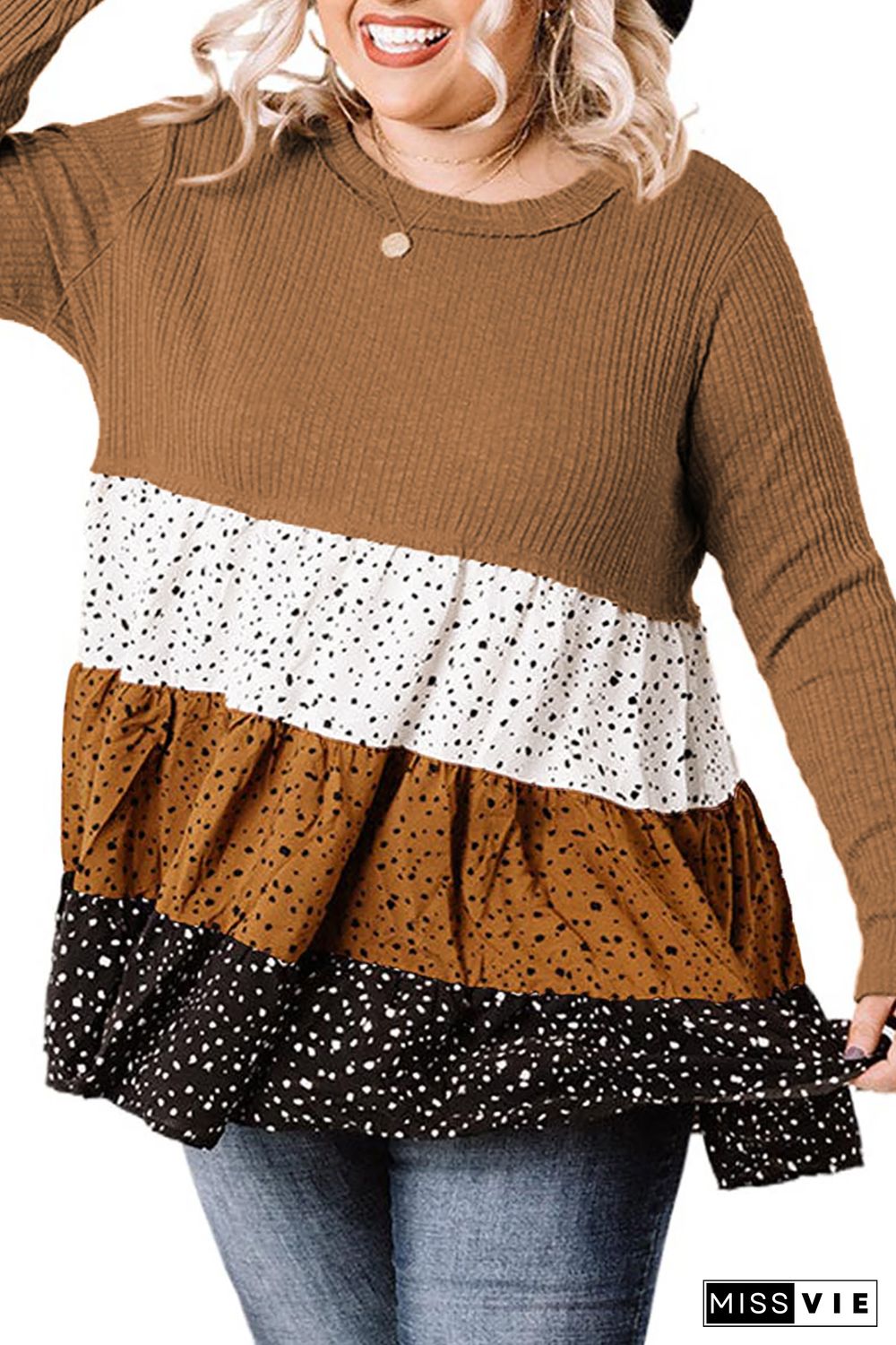 Plus Size Knit Dotted Print Tiered Top with Ruffle