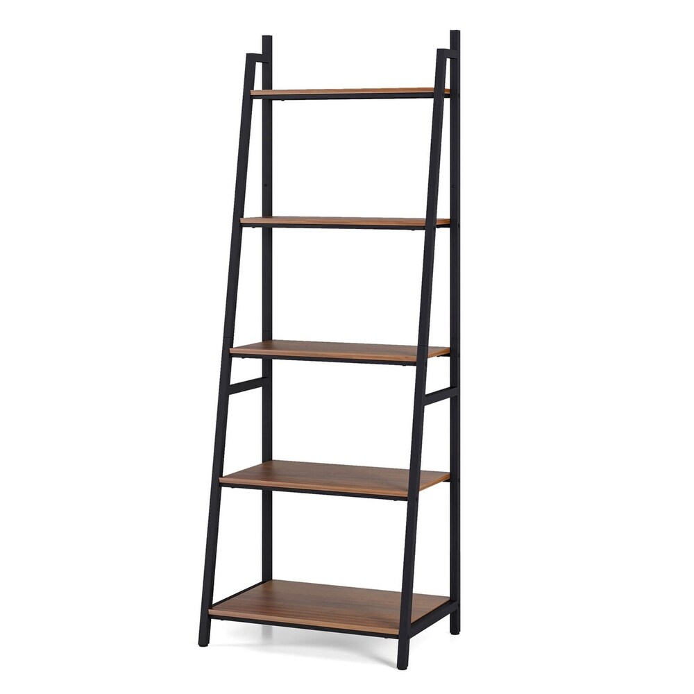 Costway Industrial Ladder Shelf Rustic 5 Tier Leaning Bookshelf Wood   See Details