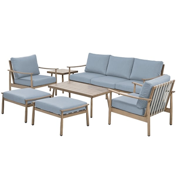 7Piece Aluminum Patio Conversation Set，3Seat Outdoor Couch with Ottomans and Coffee Table