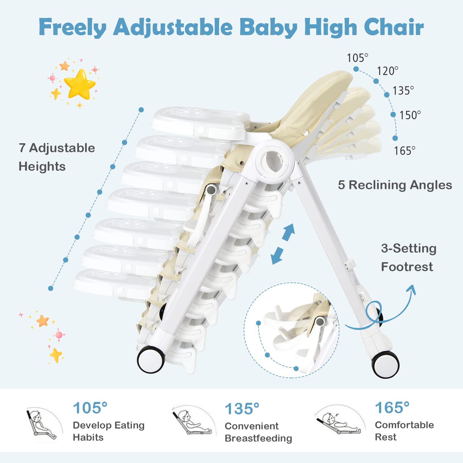 Baby High Chair, Folding Highchair w/ 4 Wheels, One-Step Brake