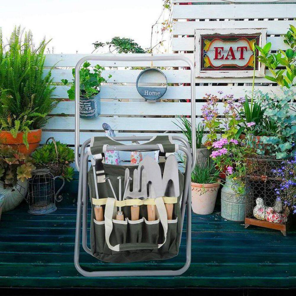 Cisvio 9-Piece Garden Tools Set Ergonomic Wooden Handle Sturdy Stool with Detachable Tool Kit Perfect for Garden D0102HPEE2V