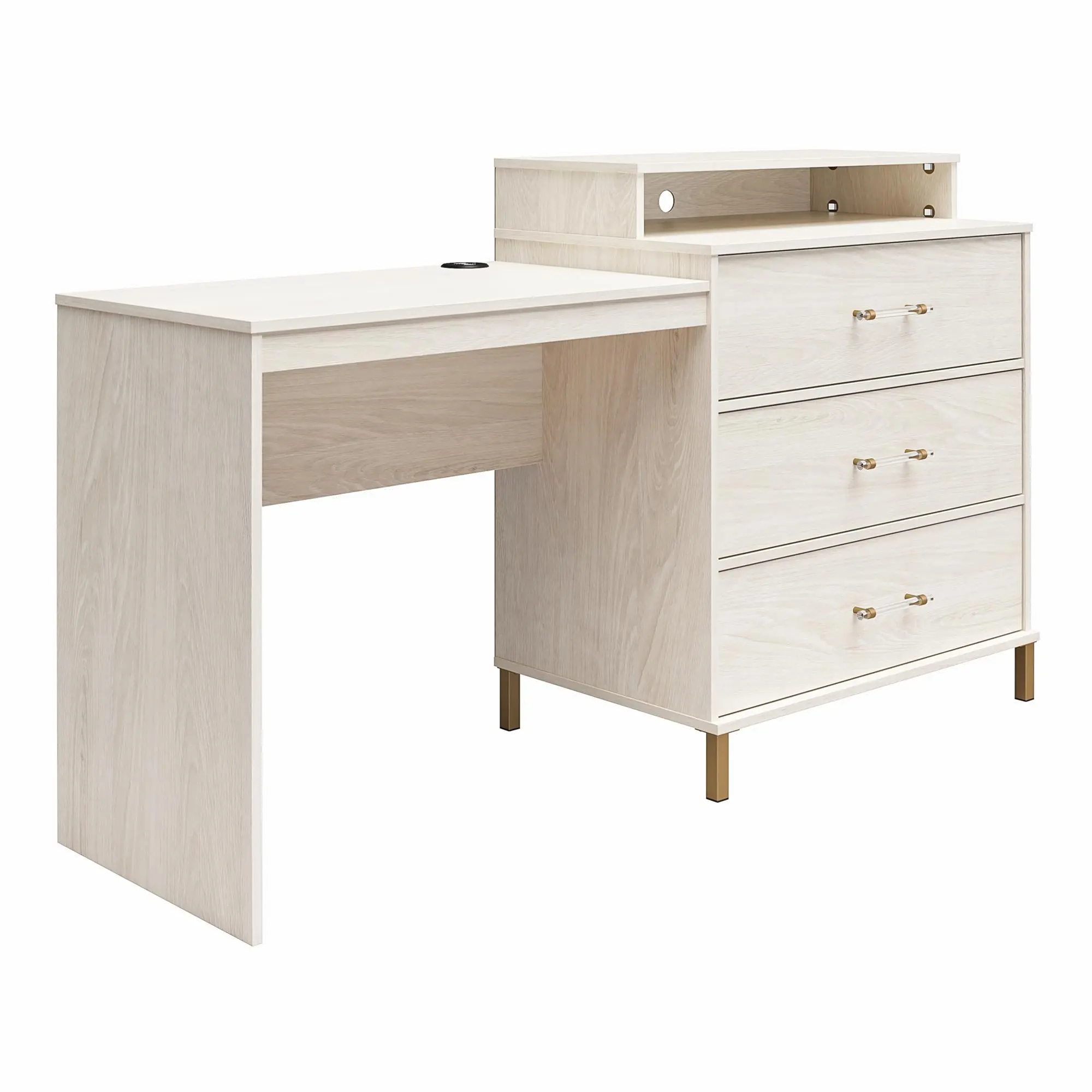 Kalissa White Oak Dresser and Desk Combo with Wireless Charger