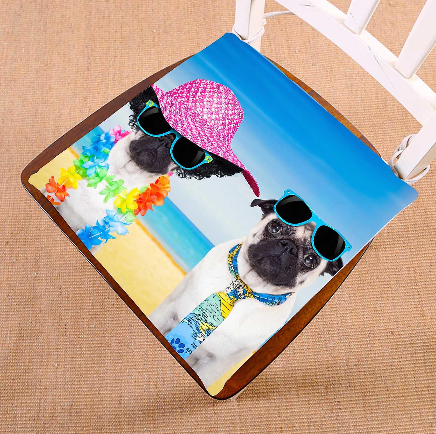 Pug Dogs Summer Vacation Holidays Beach Sunglasses Funny Hat Chair Pads Chair Mat Seat Cushion Chair Cushion Floor Cushion 45x45 Cm