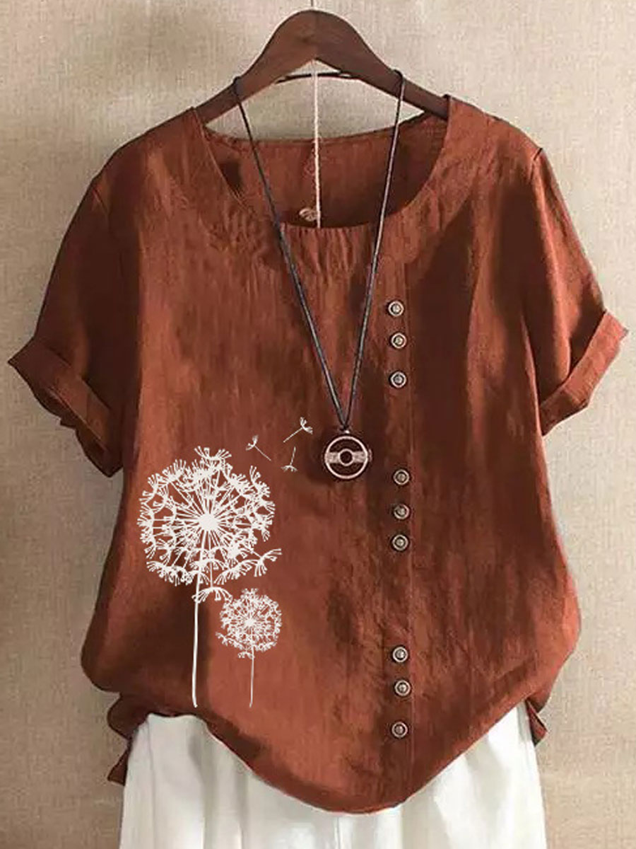 Round Neck Casual Loose Dandelion Print Short Sleeve Blouse