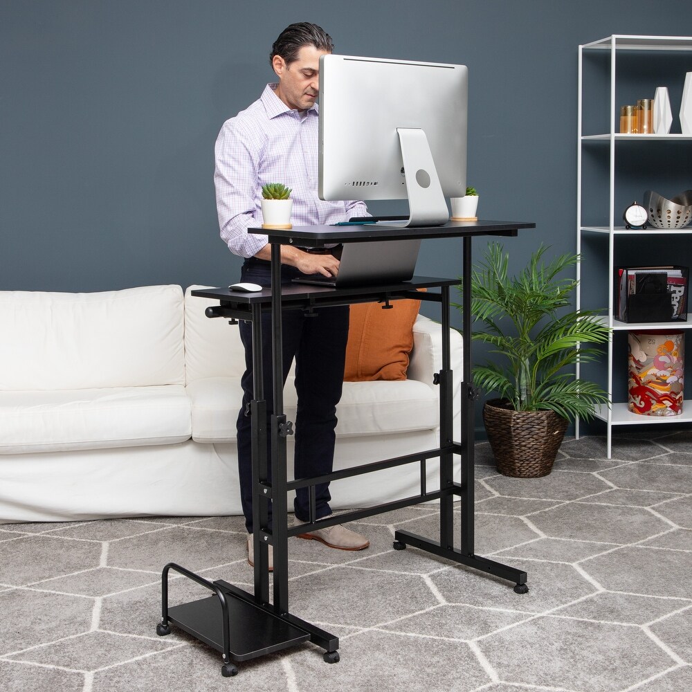 Mind Reader Woodland Collection  Mobile Sit/Stand Desk  Height Adjustable  Tiltable  Lockable Casters