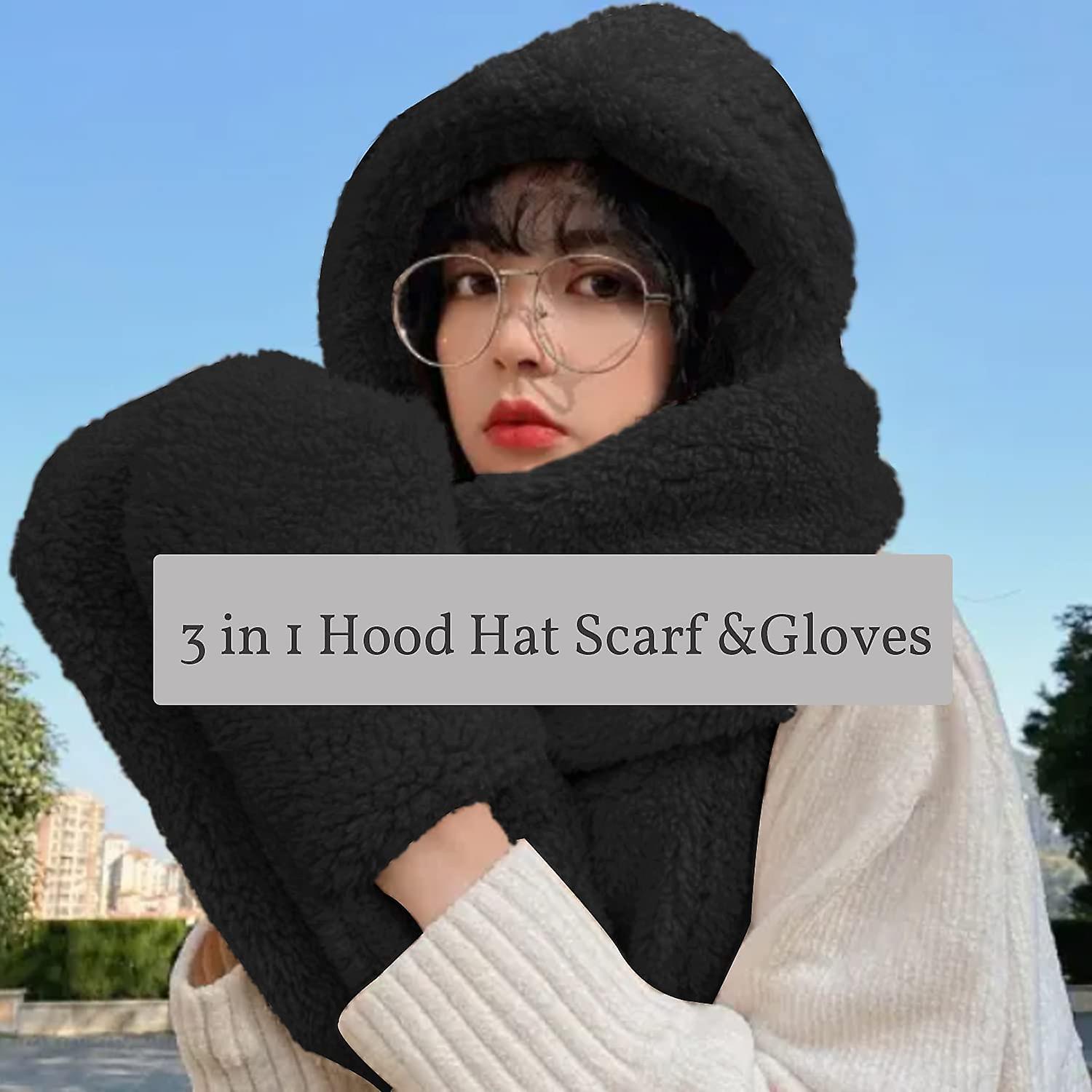 Winter Faux Fur Hood Hat Scarf And Gloves 3 In 1 Hooded Scarf For Women Men Black -